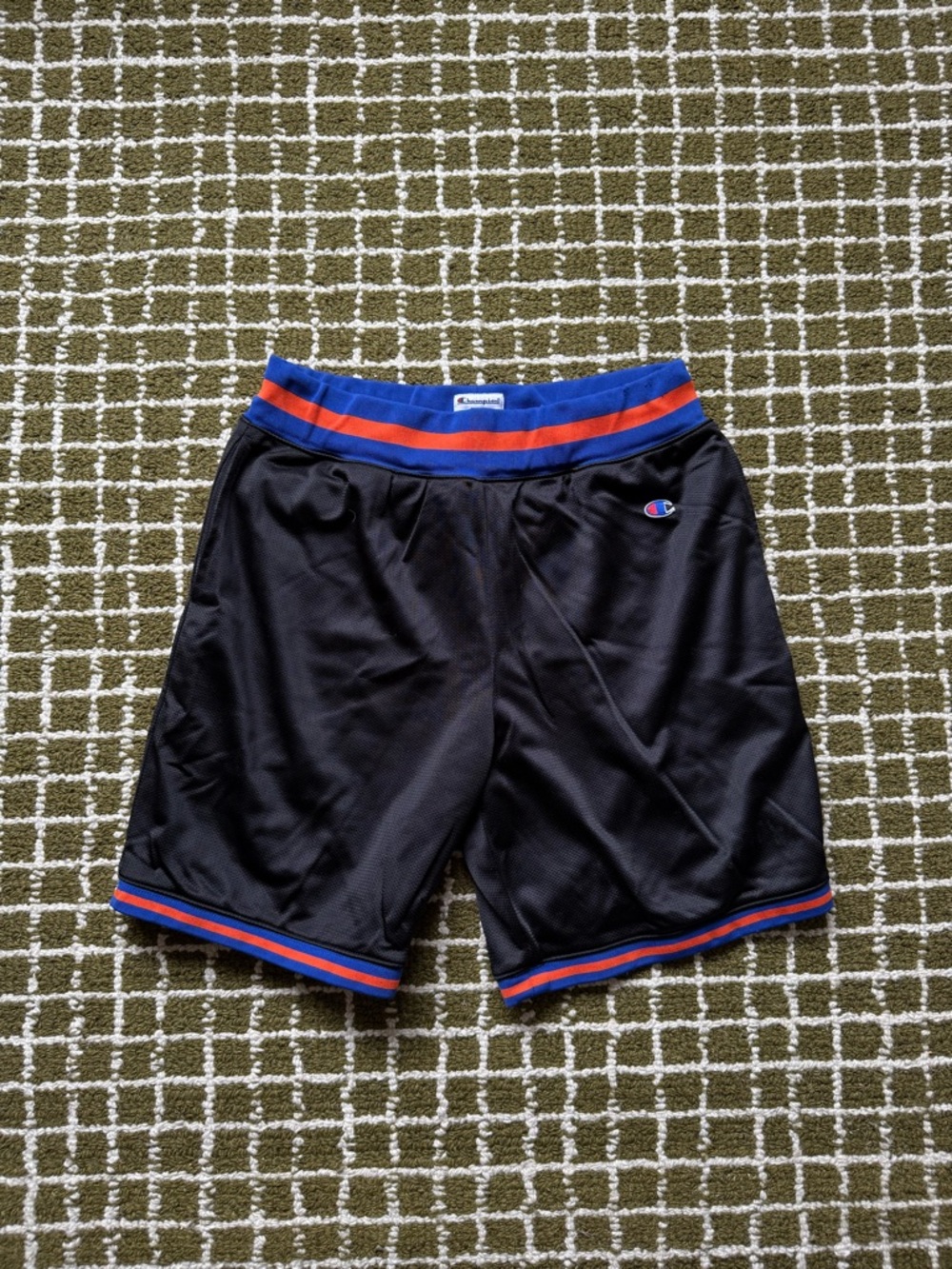 Supreme x Champion Men's Black Athletic Shorts with Blue & Red Trim